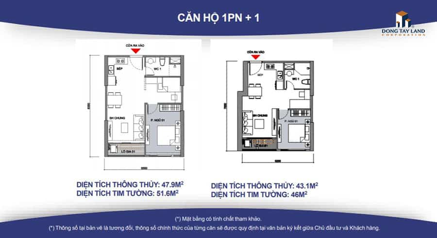 Căn hộ 1PN + 1 với diện tích từ 46m2 – 52m2 Căn hộ 1PN + 1 với diện tích từ 46m2 – 52m2